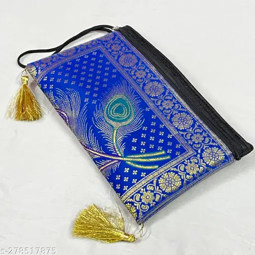 Colorful embroidered clutch, blue with gold trim