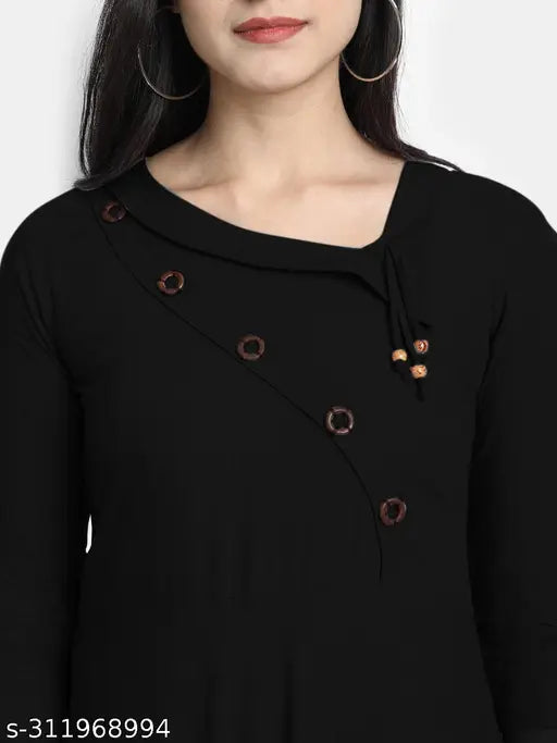Black rayon women's solid dress with round neckline