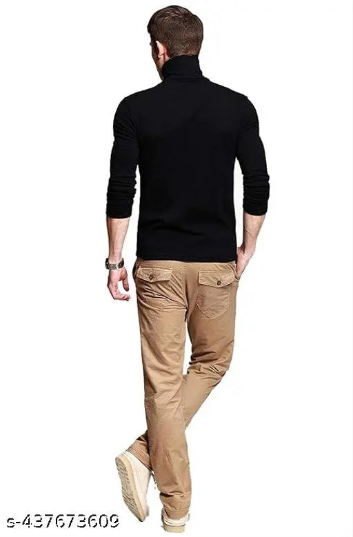 GlamStore Black Causal Turtle Neck or High Neck full sleeves Men Cotton Tshirts