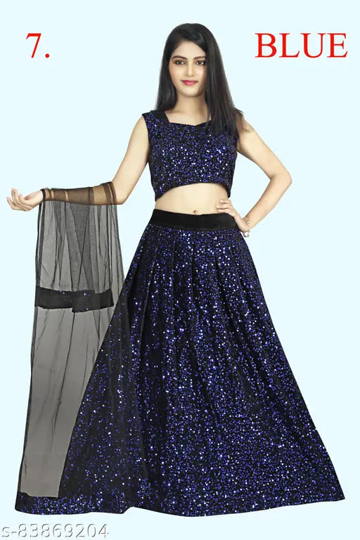 Embellished velvet lehenga-choli set, semi-stitched with net dupatta, Indian traditional wear for 3-14 years