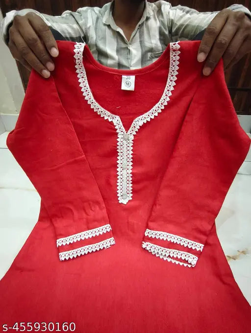 Red wool kameez with lace embroidery, short sleeves