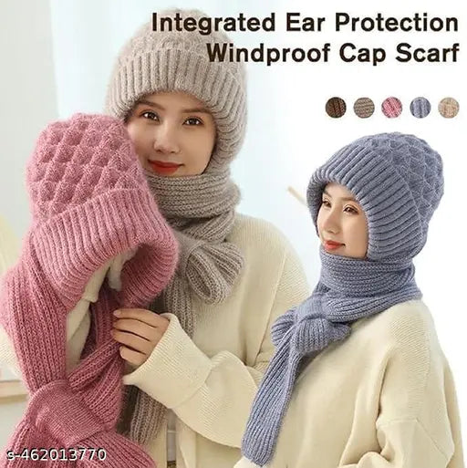 Multi-colored acrylic winter cap with muffler for women, featuring thick fleece lining and elastic design. Perfect for outdoor activities in cold weather, made in India