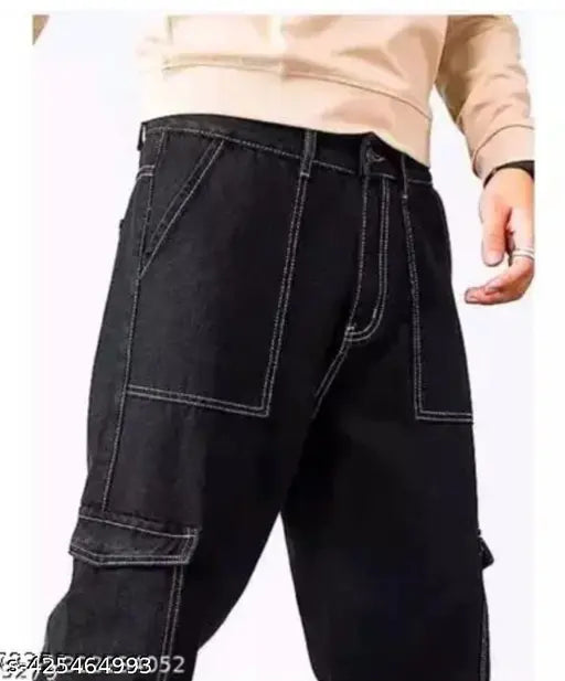 Men's solid denim 6-pocket cargo jeans, size 28, 30, 32 - authentic Indian craftsmanship