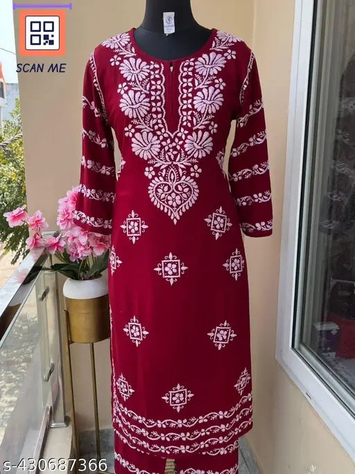 Embroidered rayon kurta plazzo set with three-quarter sleeves, best chikankari work. Indian-made, single size M-6XL