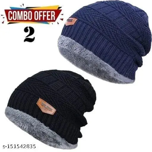Winter furry beanie cap, black and blue woolen, warm inside, 2 pieces