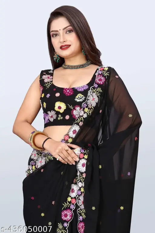 Black and gold georgette saree with intricate floral embroidery blouse