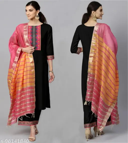 Black cotton-blend kurti set for women, featuring a solid design with three-quarter sleeves, includes kurta, plazzo, and dupatta. Indian traditional women's wear on display