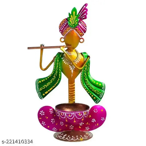 Metal Krishna Ji Decorative Showpiece/T Light Holder - High-quality metal, intricate detailing, versatile home decor, perfect for Diwali, Diya holder, or living room. Country of Origin: India (6.5x3x11.5 inches, net quantity 1)