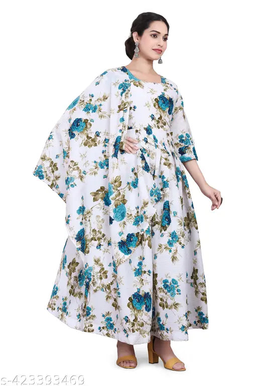 Long-sleeved printed crepe cotton party gown for women, kids in various sizes. Fits S (36-33-39), M (38-35-42), L (40-37-44), XL (42-39-46), XXL (44-40-49). Includes dupatta set