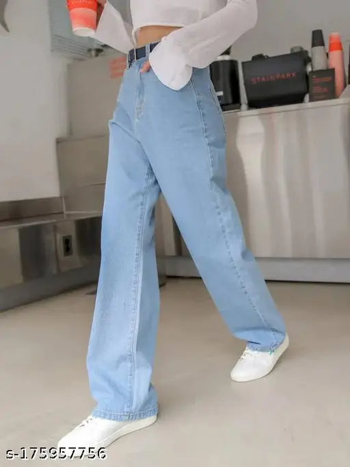 High-waisted blue denim jeans