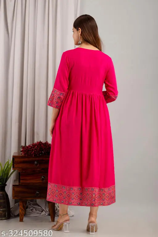Rayon women's three-quarter sleeve solid anarkali kurti, ideal for parties