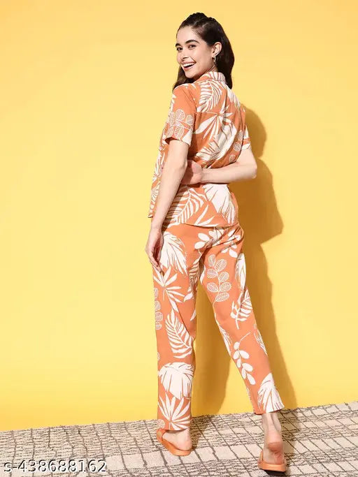 Trendy orange cotton lounge wear night suit dress set with printed pattern, perfect for everyday comfort and style. Made in India