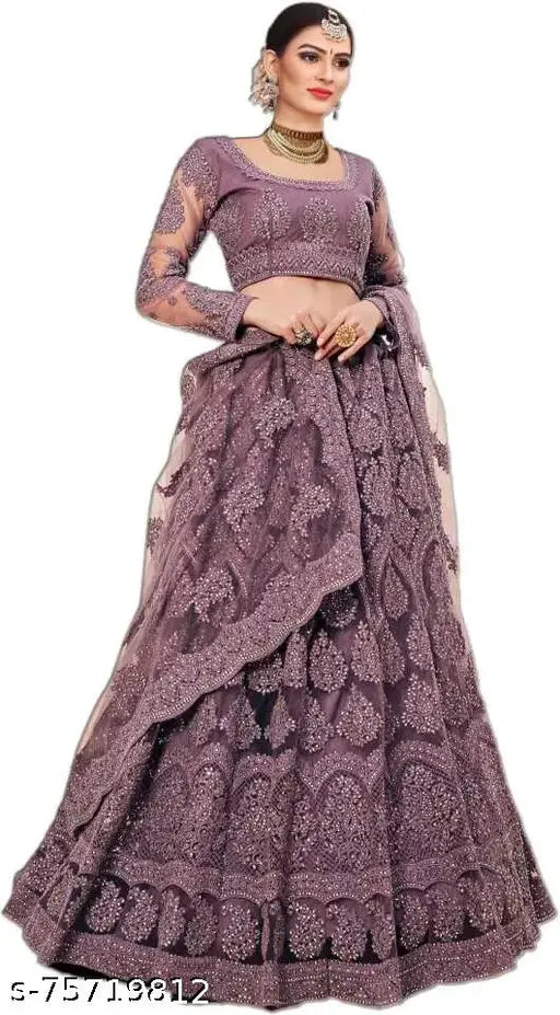 Aakarsha superior women's net lehenga set in ethnic motif, semi-stitched (LW: 42in, LL: 44in, Dupatta: 2.2in), Indian origin