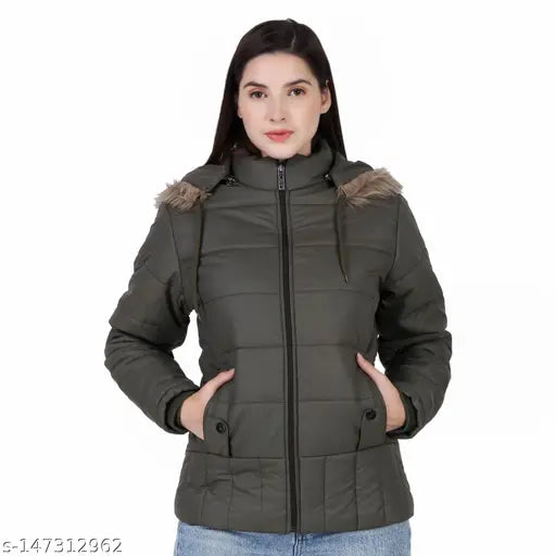 Nylon solid women's parka jacket, long sleeves, perfect for winter wear - India origin