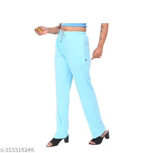 Women's casual lower payjamas in light blue cotton fabric, stretchable waistband