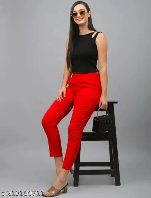 Red women's high waist pants with slim fit legs