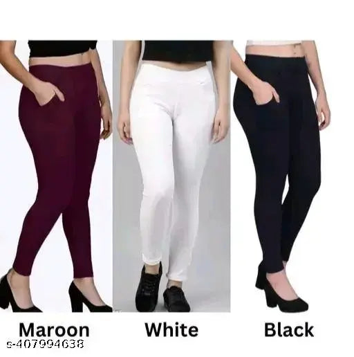 Striped cotton blend jeggings pack of 3 for girls and women - ankle length, free size, solid pattern