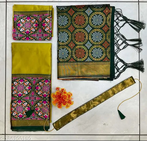 Unstitched South Indian style Art Silk half saree set in Litchi Silk zari work, featuring a choli and dupatta with solid patterns, tussles on both sides, and belt included, ready to ship from India