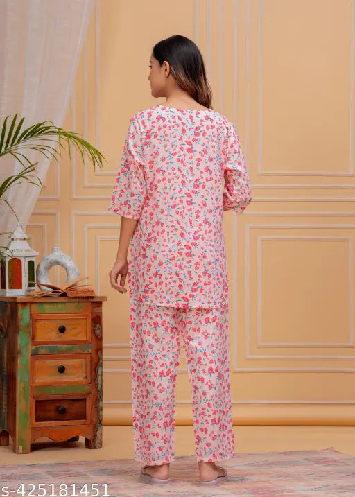 pink rayon nightsuit for women and girls, printed net design with three-quarter sleeves, ideal for nightwear comfort, made in India