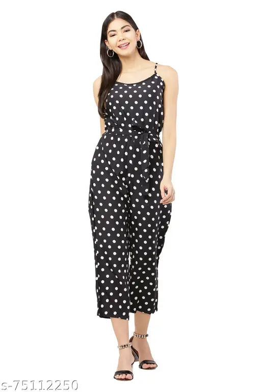 Crepe, polka-dotted jumpsuit with back chain and belt, self-design. Sleeveless, casual party wear for daily use. Made in India" (124 characters)