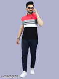 Striped cotton blend men's polo t-shirt, short sleeves, India origin