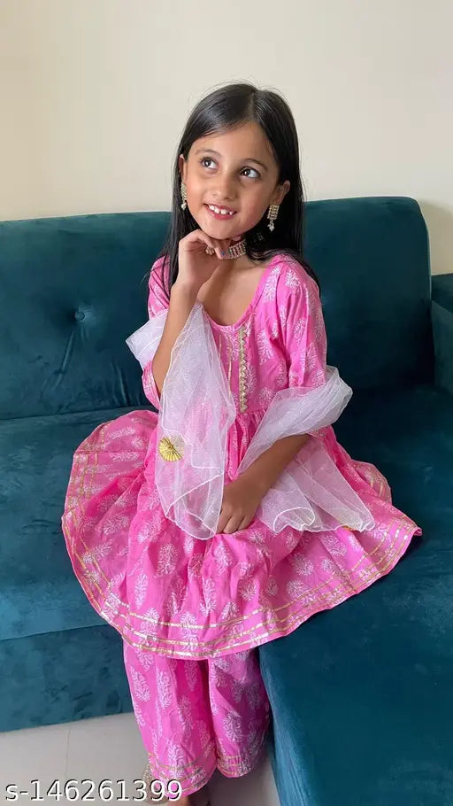 Pastel pink cotton kurti-plazzo set with white shimmered net dupatta for toddlers, 18-24 months, Indian ethnic wear