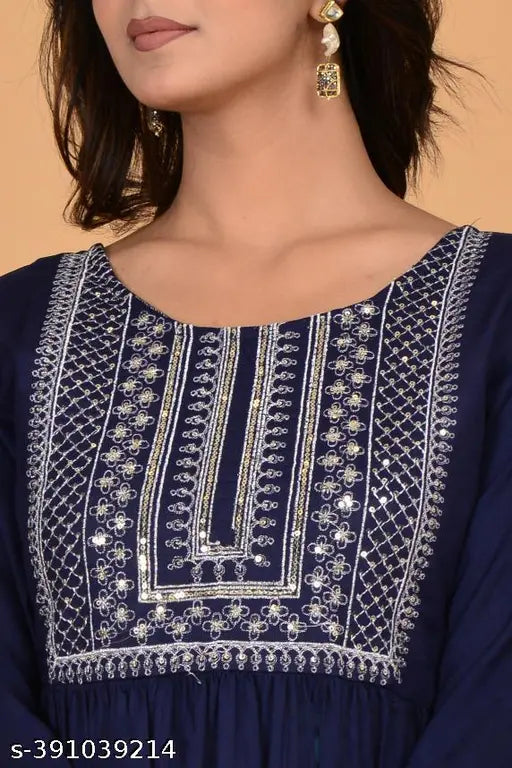 Stylish women's kurta in blue embroidered with gold
