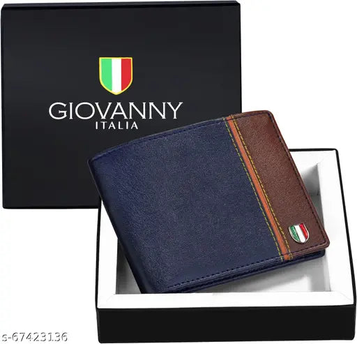 Blue-brown leather men's wallet by Giovanny, solid pattern, free size (11cm x 9cm), made in India