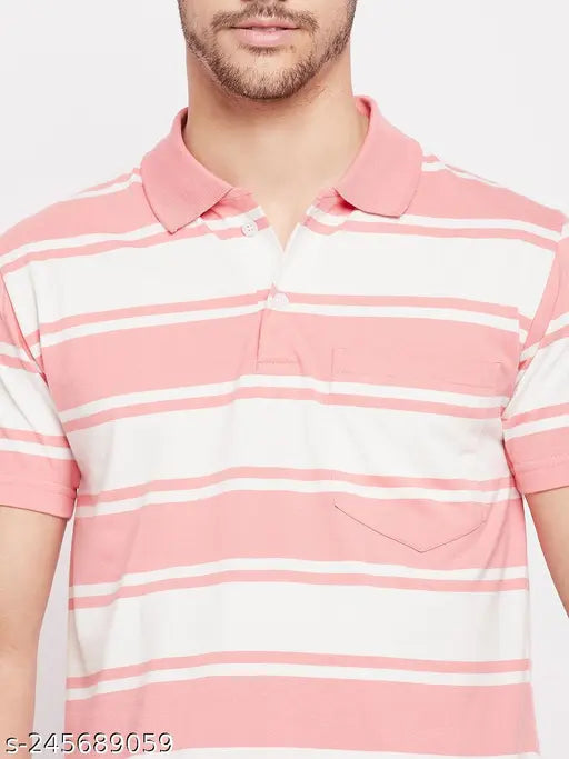 First Krush Peach Striped Polo Collar Men's Cotton T-Shirt