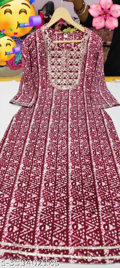 Maroon Chikankari Rayon Kurti with Gota Work, 3/4 Sleeves, Low Price Formal Wear