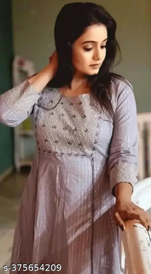 Grey round neck anarkali kameez for women, sleeveless with lace detailing
