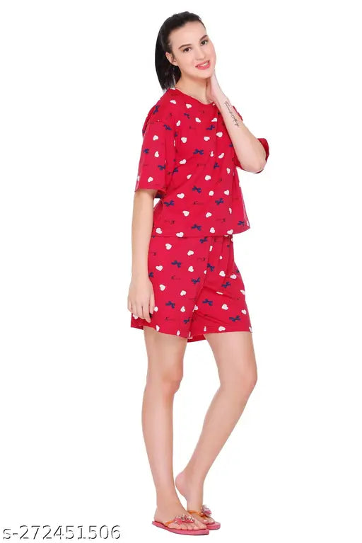 Rose red cotton floral printed nightsuit set with top & shorts, lightweight breathable cotton for all-night comfort