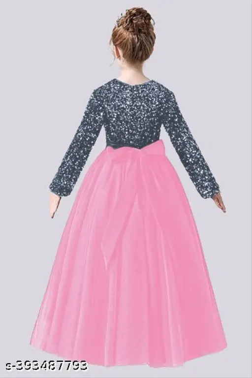 Embroidered net sequin gown dress for girls, long-length full sleeve, various sizes 3-16 years, ready-to-wear for functions, India