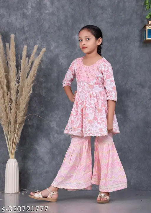Kids rayon anarkali sharara kurti with embroidered dupatta, floor length, suitable for 4-5, 6-7, 8-9, 10-11, and 12-13 years old, handcrafted in India