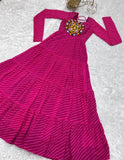 Georgette Laheriya print flared anarkali gown, ready-to-wear festive outfit for Diwali, Holi, Dussehra, Navratri, Durga Puja, Krishna Janmashtami, ganesha Chaturthi, Gurpuranima, Raksha Bandhan, Eid-Ul-Fitr, BihuHemis, Onam Pongal. Dyed/washed net fabric, long sleeves, side zipper, four layer gathering