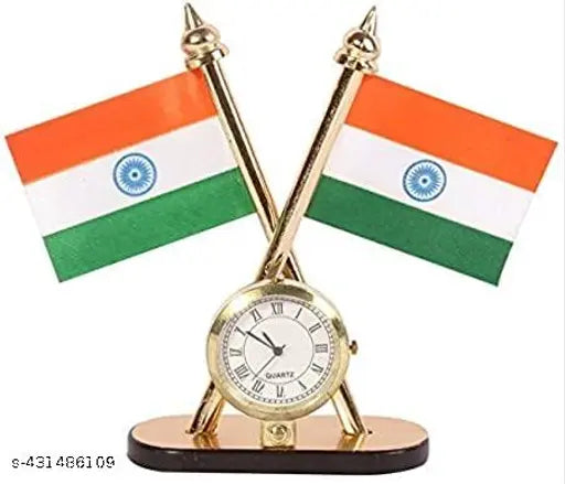 Indian flag quartz watch dashboard art piece, national emblem showpiece for home, office, or car