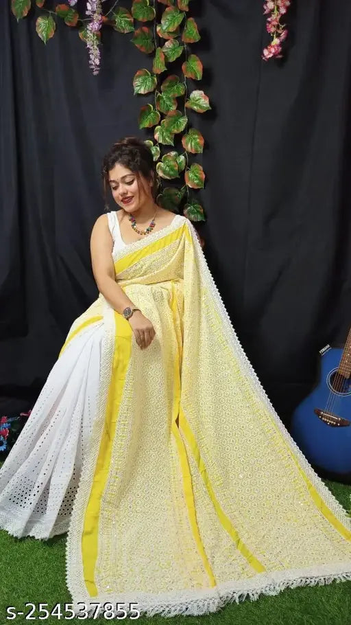 White chiffon saree, single free size, woven solid net design, made in India