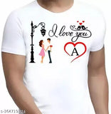White polyester men's alphabet T-shirt, 'I LOVE YOU' design in heart tree pattern, short sleeves