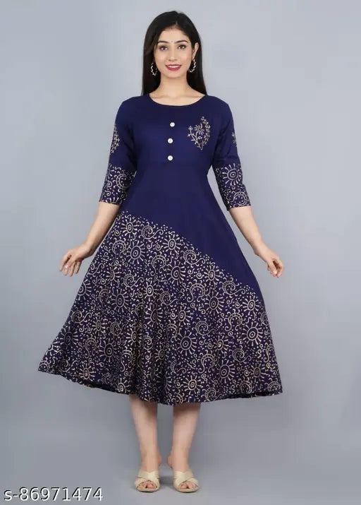 Rayon Jaipur Printed Summer Kurti, three-quarter sleeves, traditional gold hand block print work - Indian ethnic wear for women