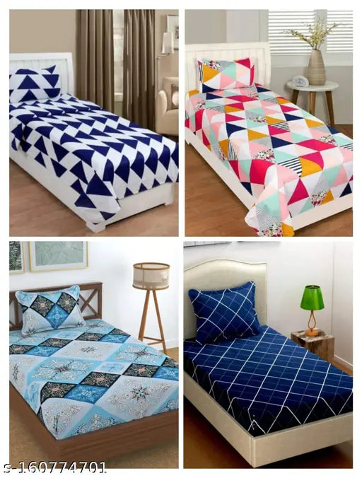 Pure single cotton fitted bedsheets combo pack, geometric print, 4 pillow covers, ideal for summer adult use