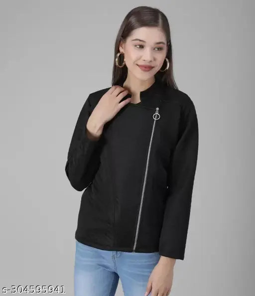 Woolen solid-colored stylish zipper jacket for women - India