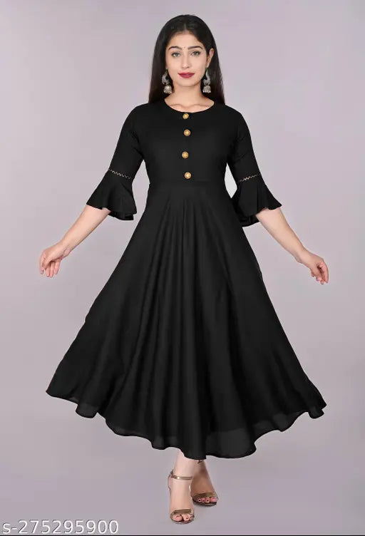 A black bell-sleeve round-neck dress with solid sleeves and flared skirt
