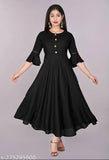 A black bell-sleeve round-neck dress with solid sleeves and flared skirt