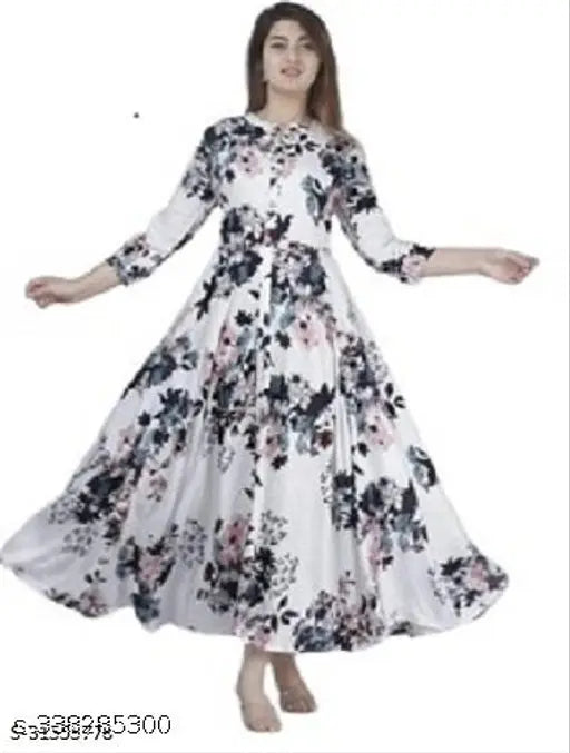 Black and white floral printed anarkali dress with long sleeves and high neckline