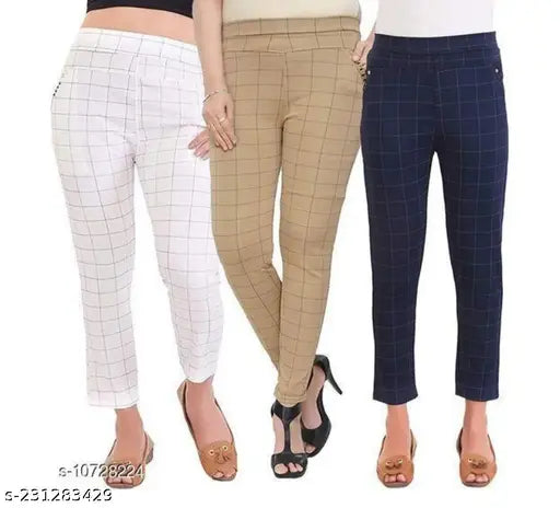 Classic cotton blend checked jeggings for women - Pack of 3, free size fashion apparel from India