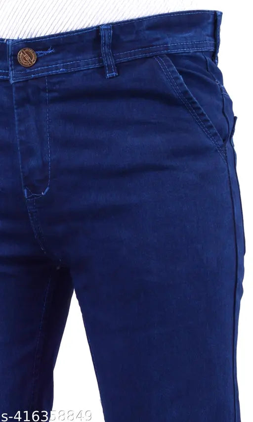 Dark blue stretchable jeans for men, denim fabric with a solid pattern, perfect for casual wear or dressing up. Size options include waist sizes 28, 30, 32, 34, 36, 38, and 40 (India)