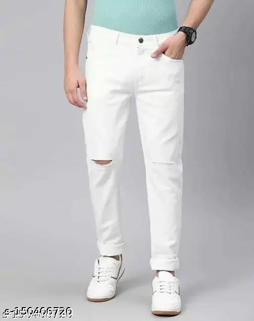 White denim COMFITS knee-cut jeans for men, solid pattern, perfect fit for any occasion