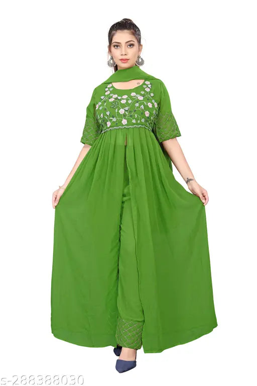 Green georgette long dress with front cut embroidered design, matching dupatta set, suitable for western wear