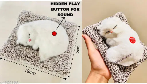 Imported musical sleeping cat plush, white & grey fur, car dashboard showpiece. Soft toy for office or home decoration, ideal gift for cat lovers. Made in India