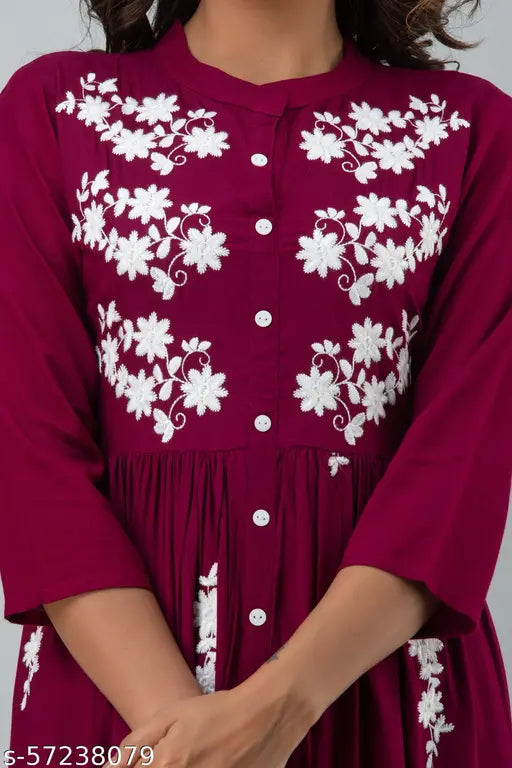 High-quality embroidered rayon kurti by Janaknandini, three-quarter sleeve style for women
